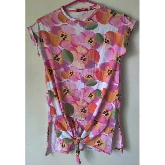 Guess Tops - Guess Women's Short Sleeve Floral‎ Pink/Orange Tie Front Round Neck Size Large
